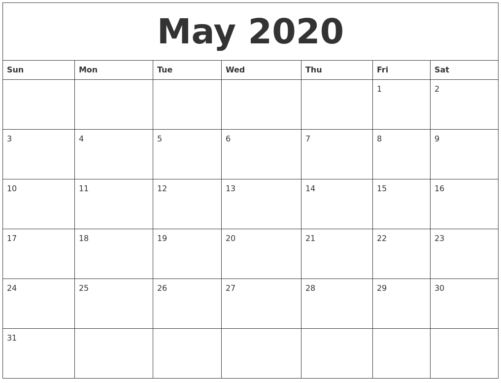 Free Blank May Calendar 2020 Printable Template | Monthly Free Calendar Template Vertex