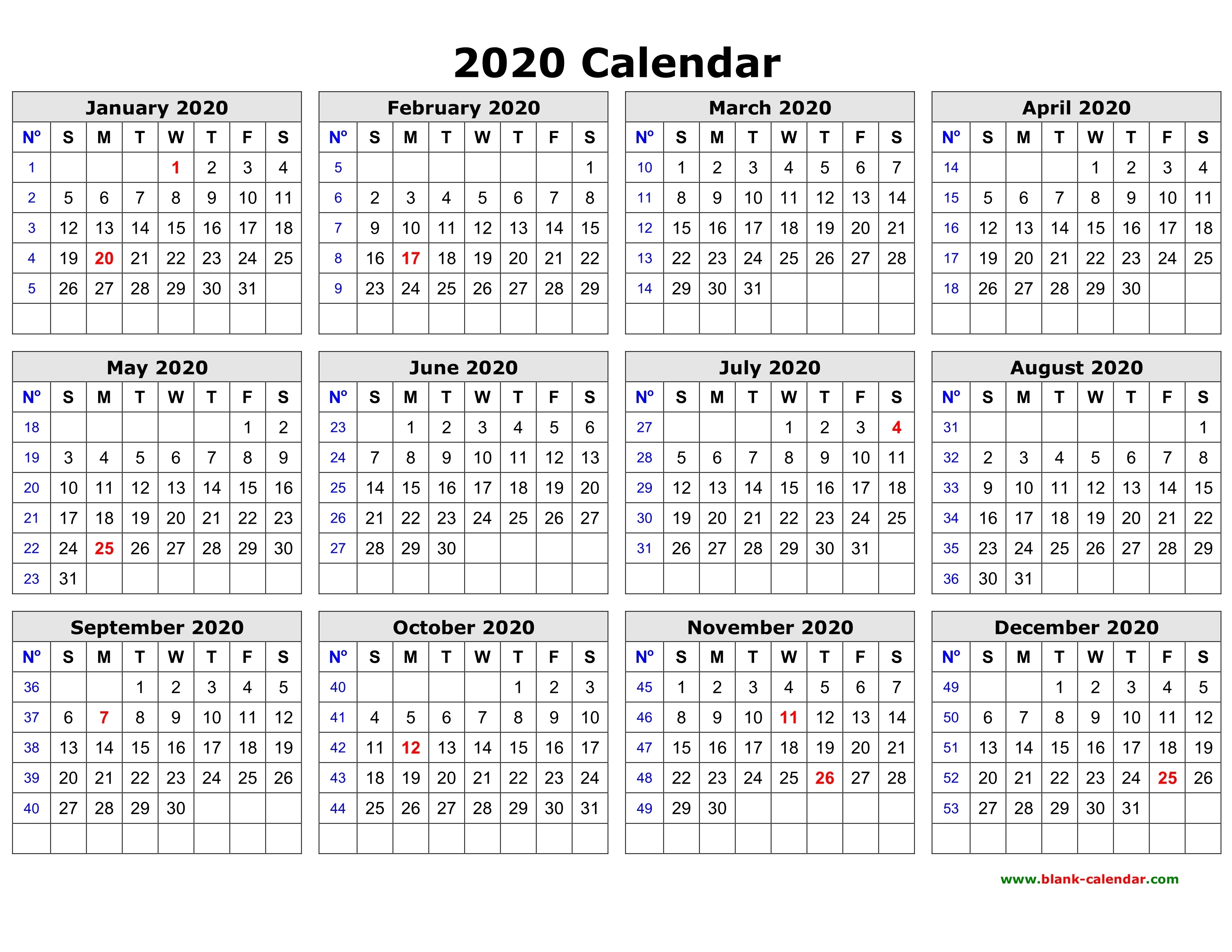 Free Download Printable Calendar 2020 In One Page, Clean Design. Calendar Template Year On One Page
