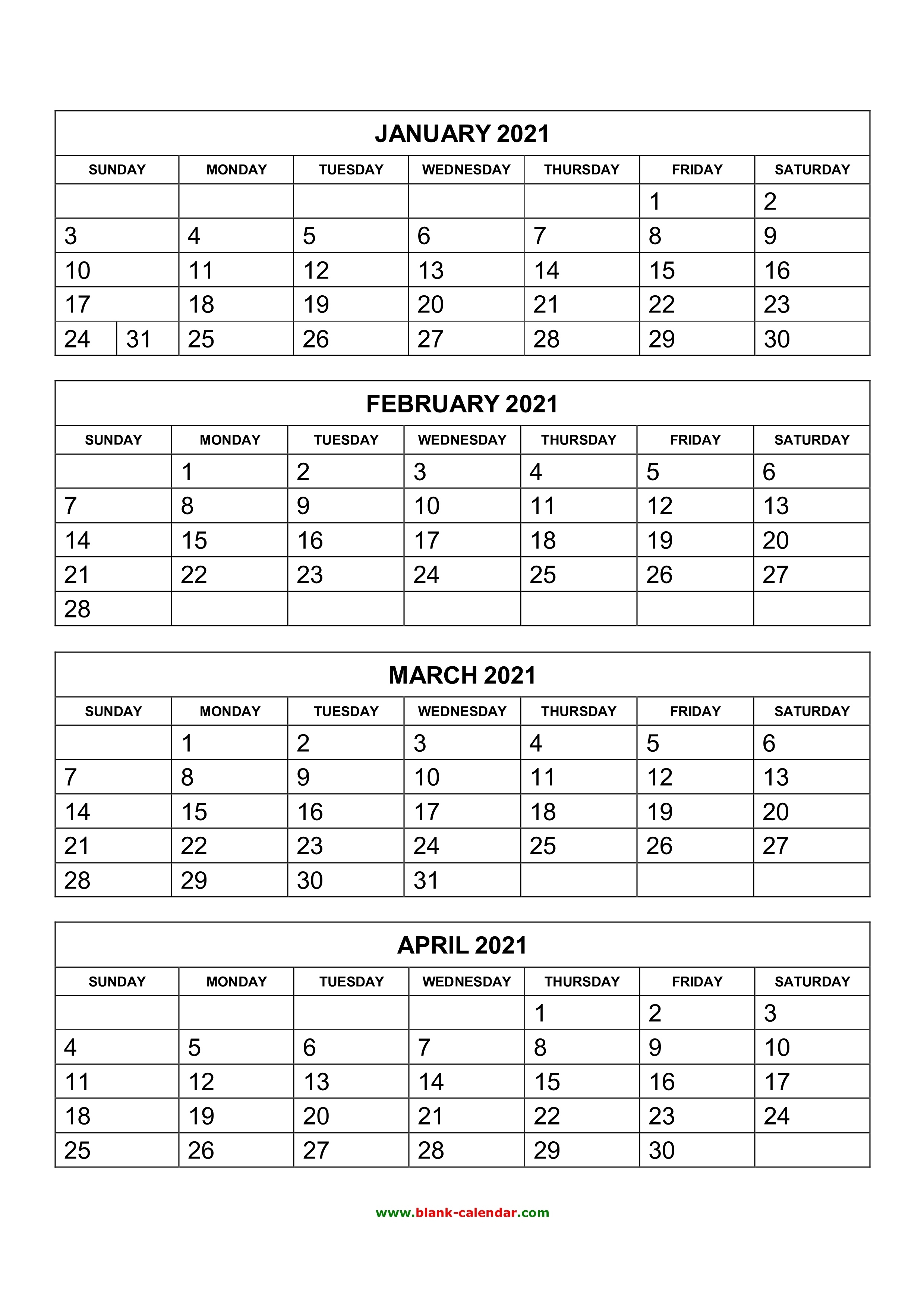 Free Download Printable Calendar 2021, 4 Months Per Page, 3 3 Month Calendar 2021