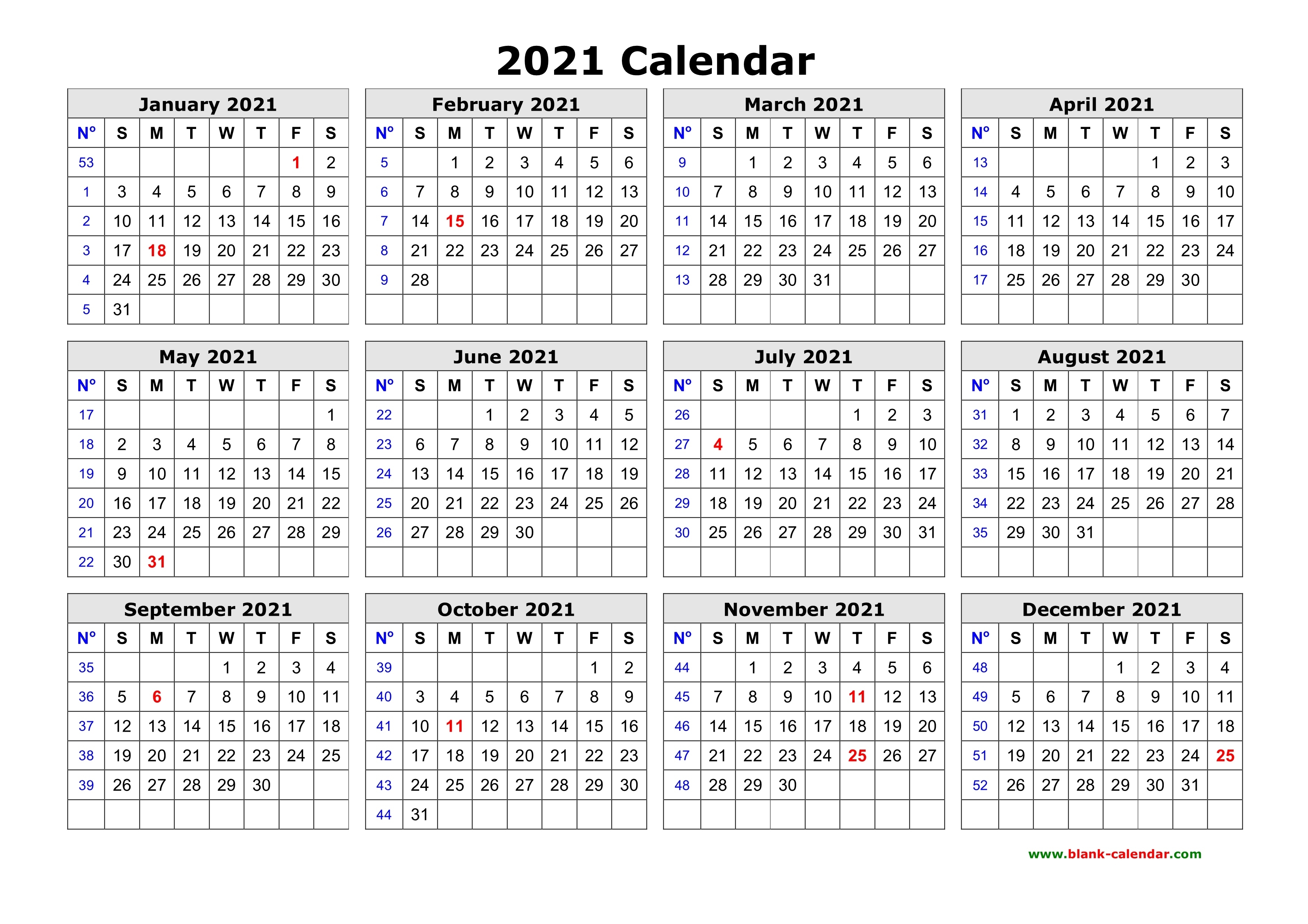 Free Download Printable Calendar 2021 In One Page, Clean Design. Calendar Template One Page