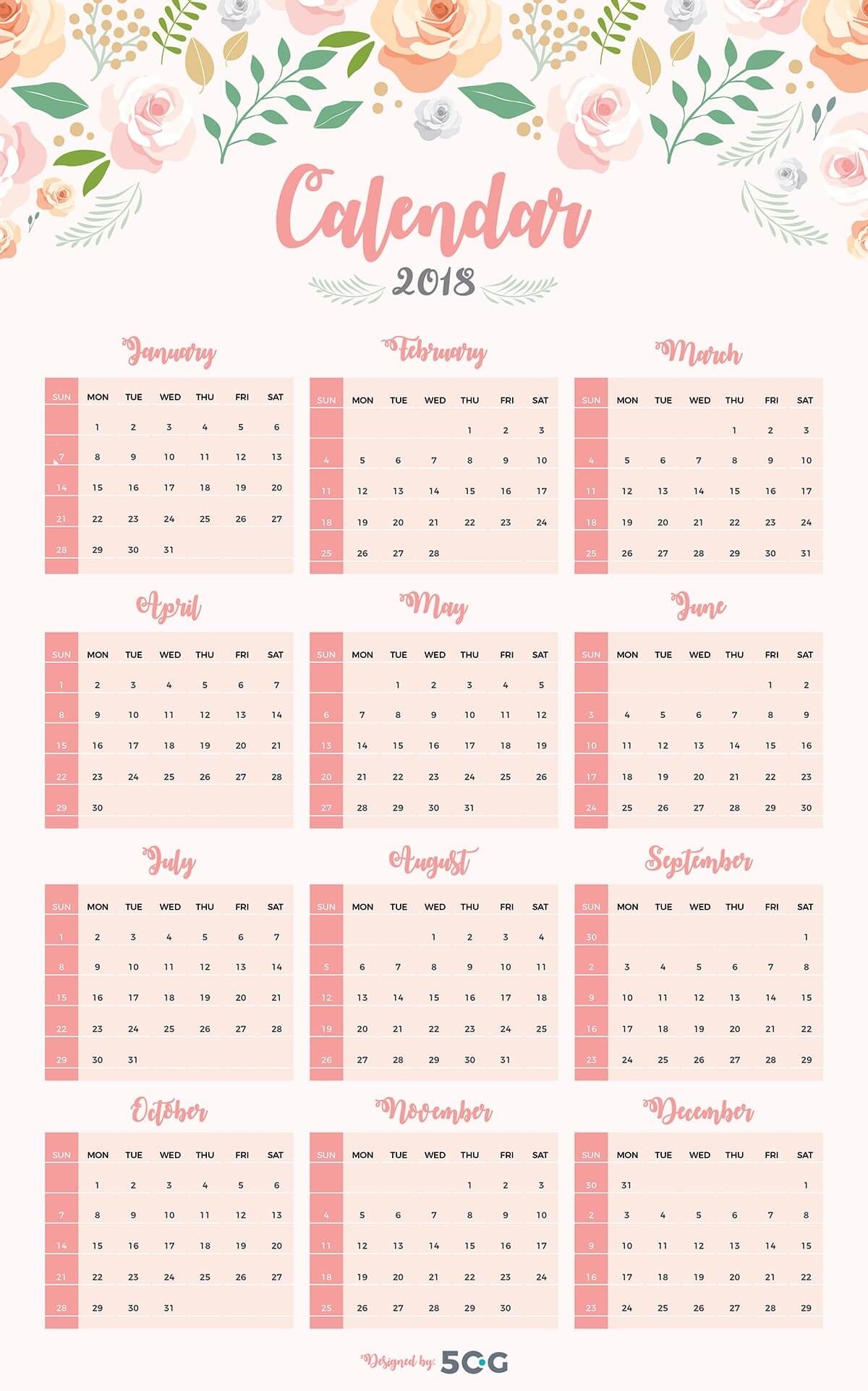 Free One Page 2018 Printable Wall Calendar Design Template 1 Page Calendar Template