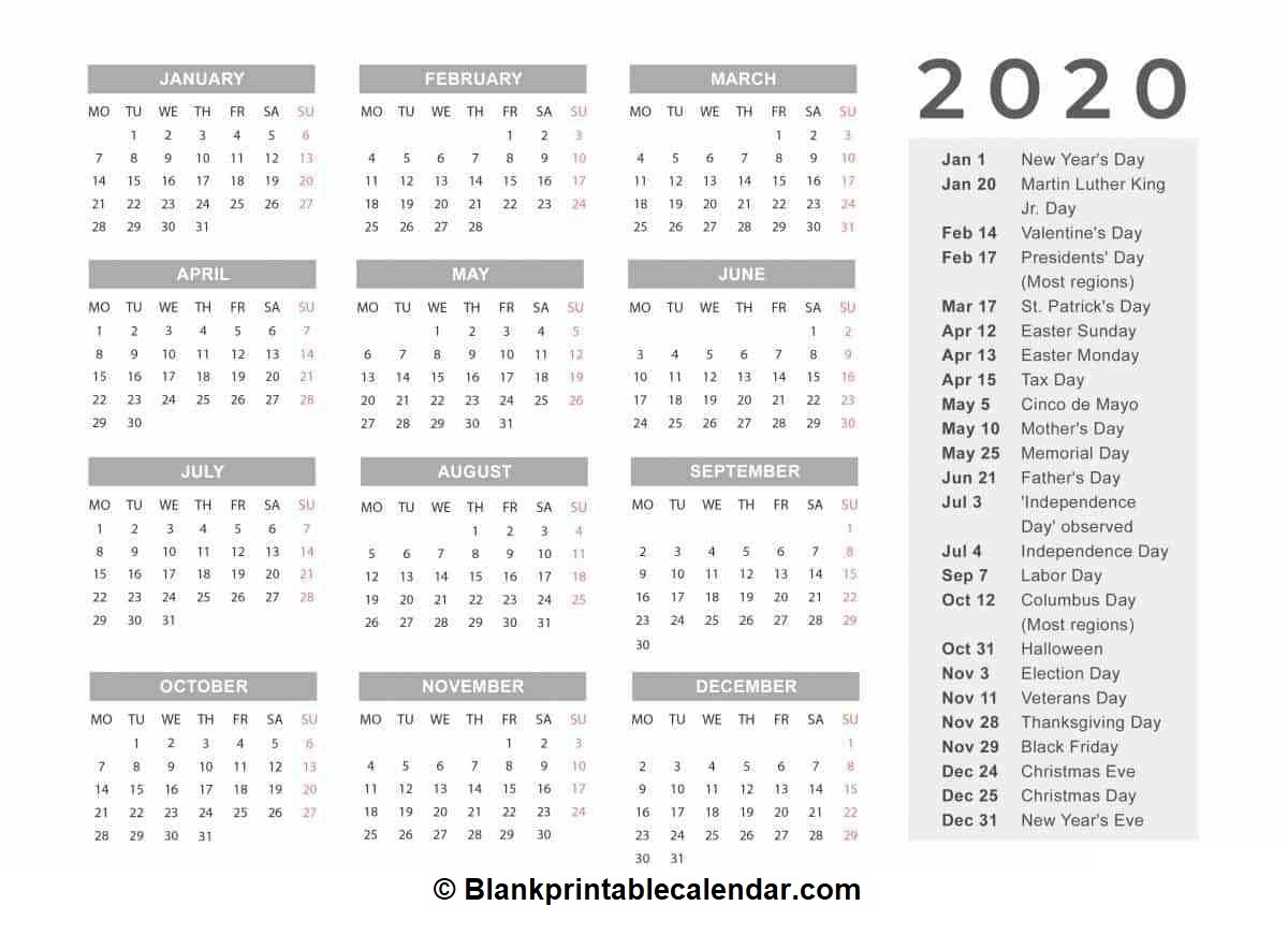 Free Printable 2020 Calendar - Blank Monthly And Yearly Free Printable Yearly Calendar Templates