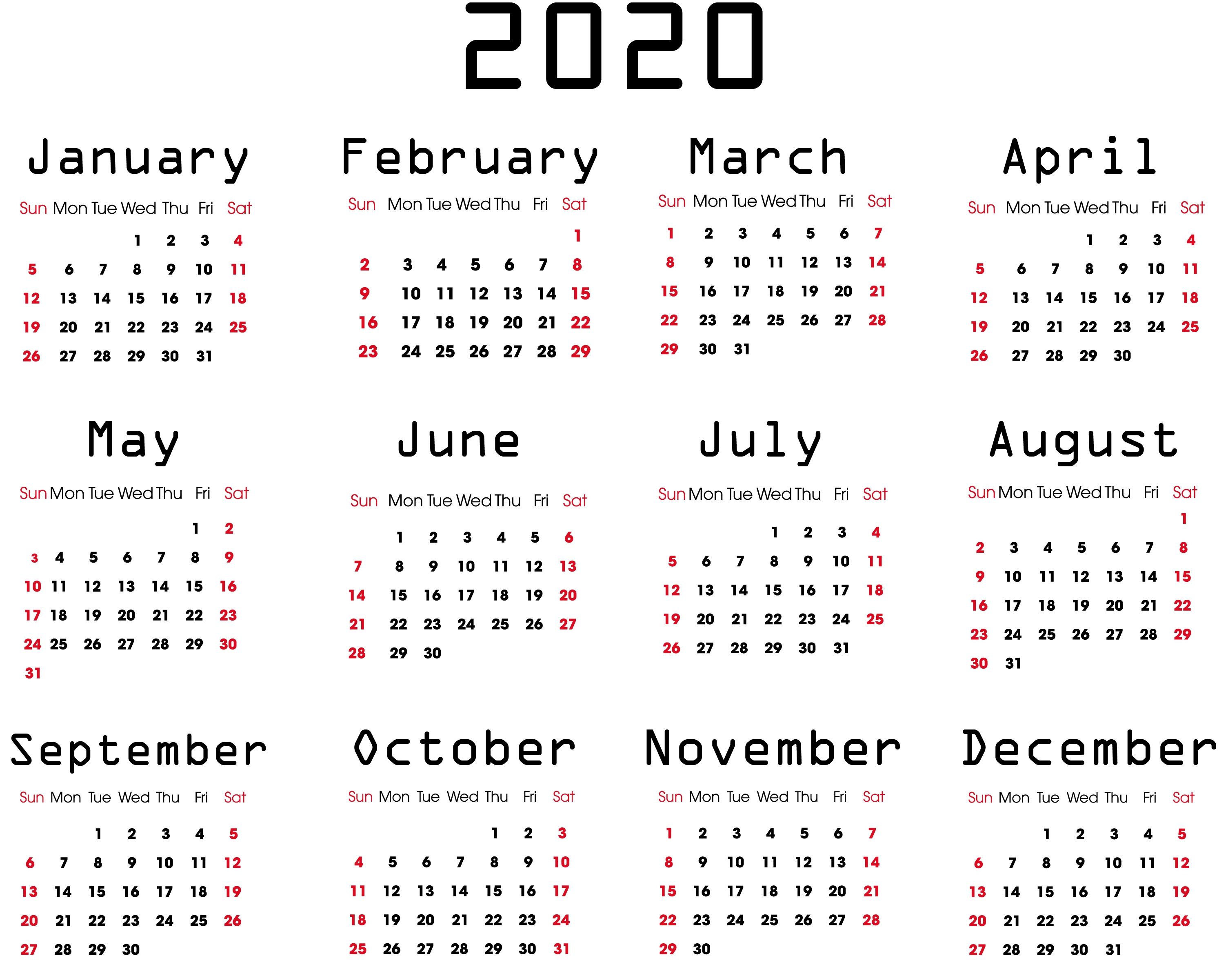Free Printable 2020 Yearly Calendar On One Page Word Calendar Template Year On One Page