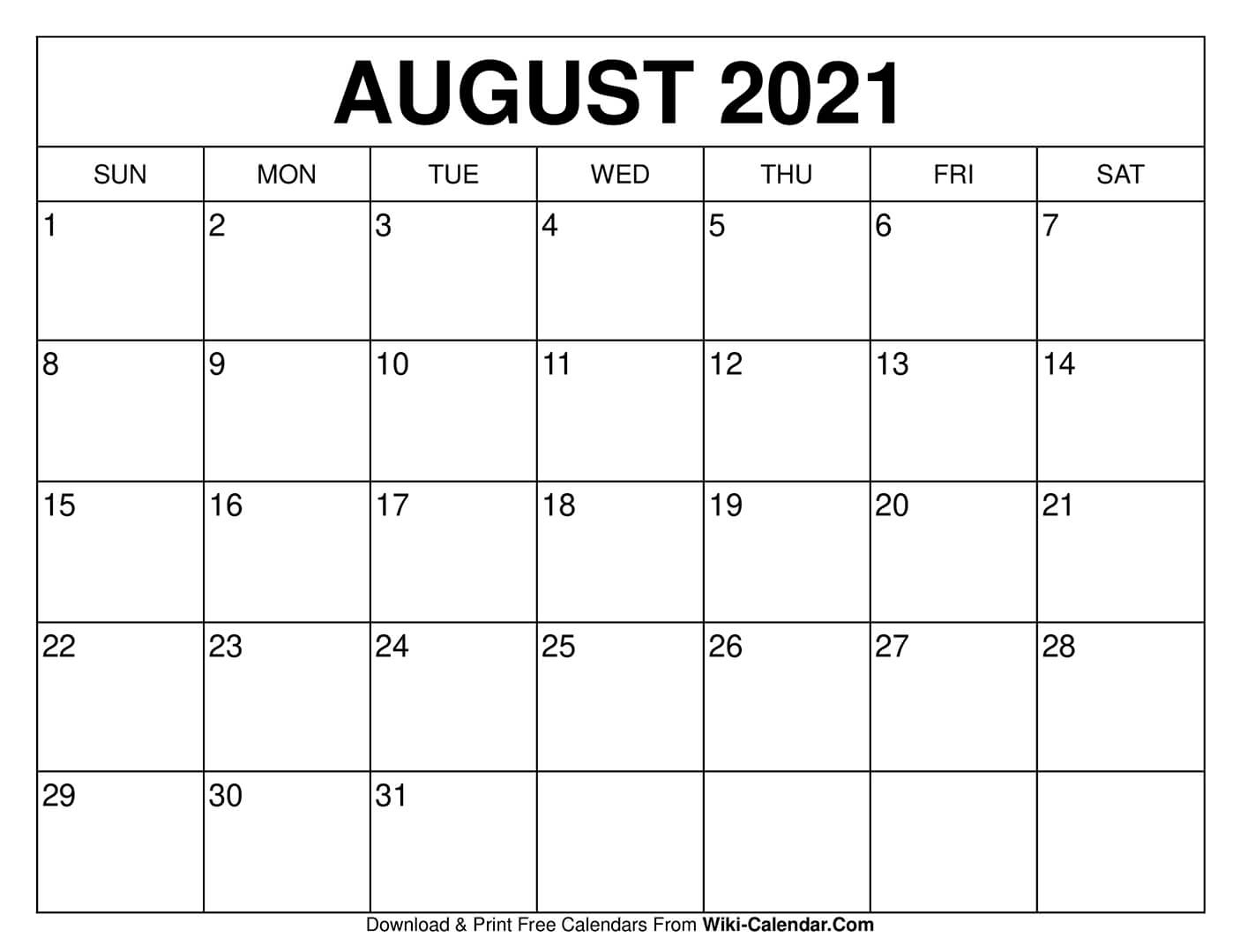 Free Printable August 2021 Calendars Free Calendar Template August 2021