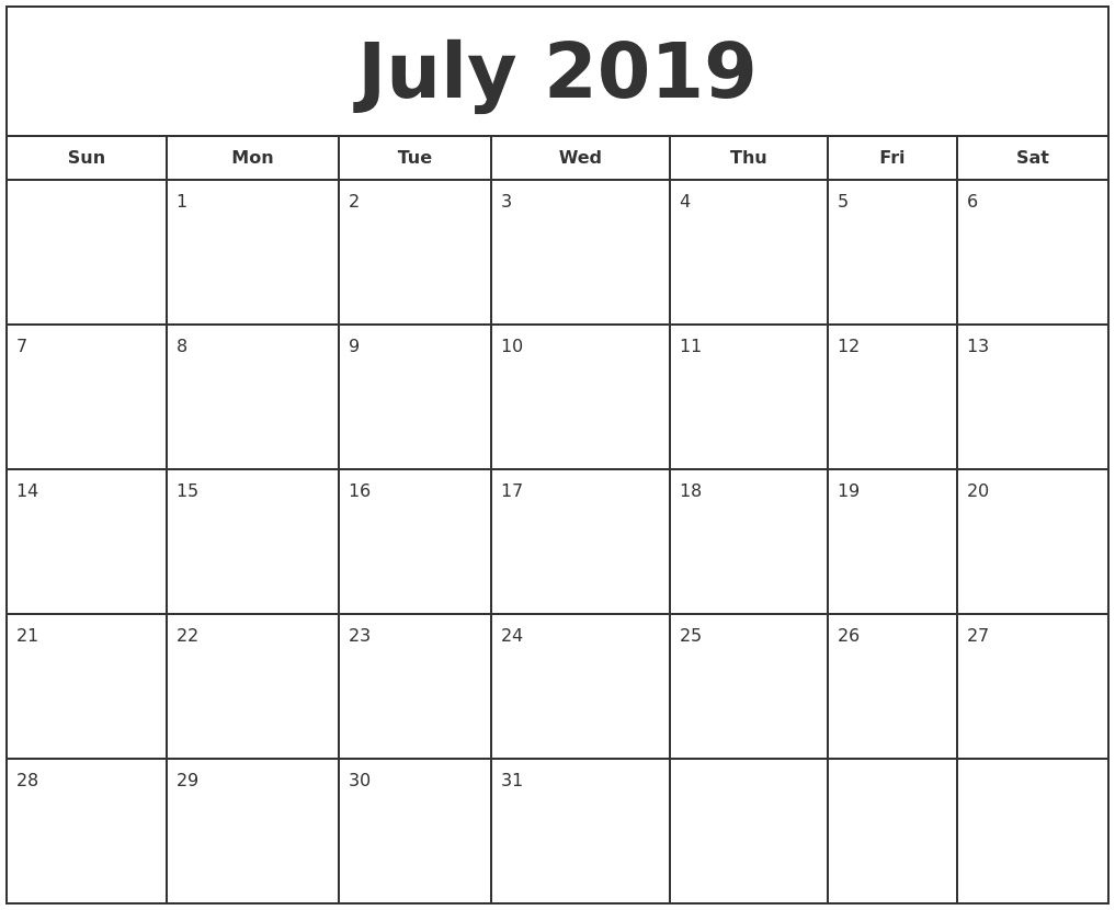 Free Printable Photo Calendar 2019 July 2019 Print Free Calendar Template To Print Free