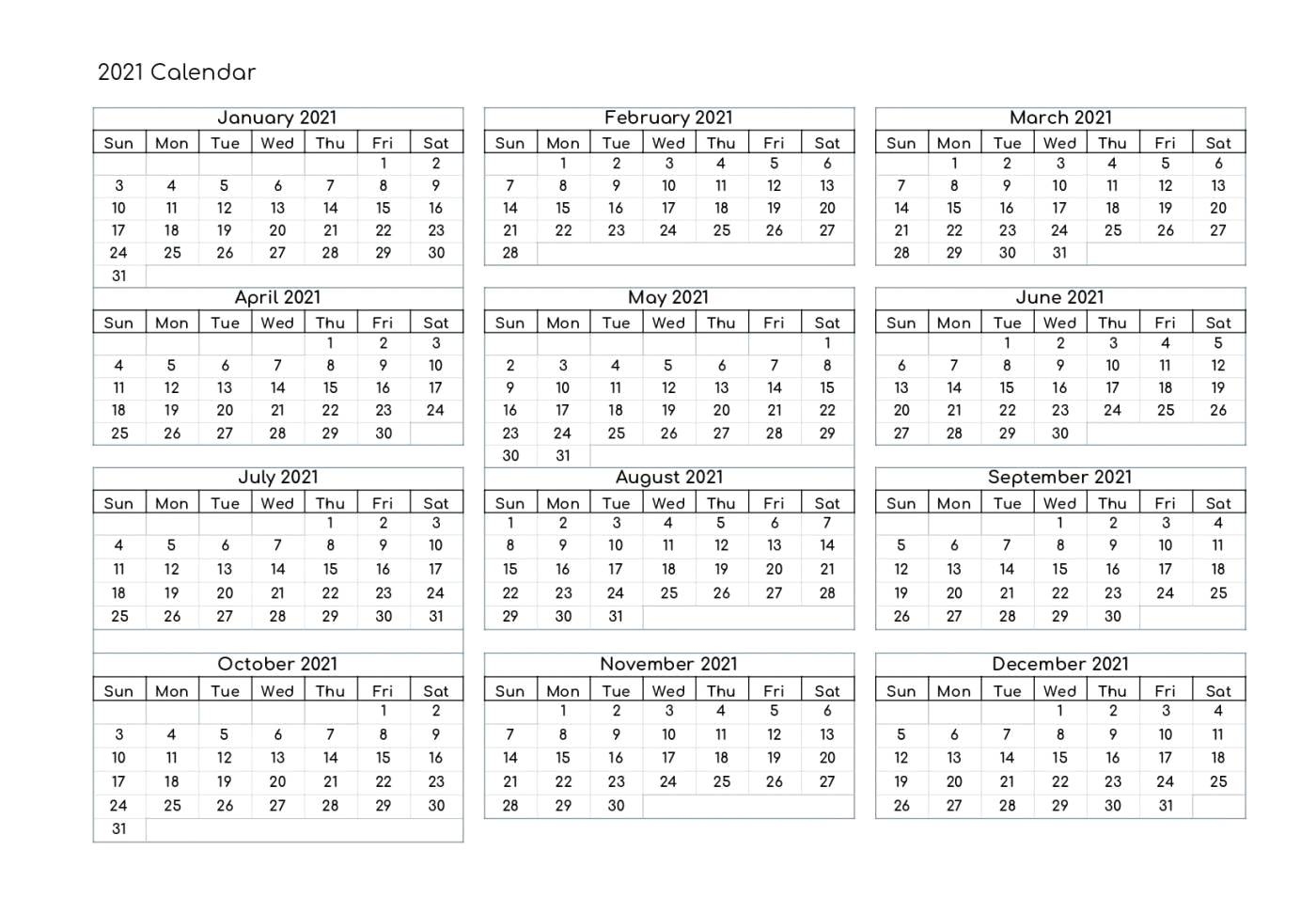 Free Yearly 2021 Calendar Printable Templates - Calendar Edu Calendar Template One Page