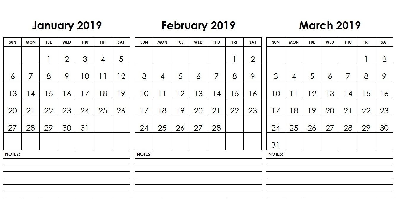 Jan Feb Mar 2019 Calendar With Notes | Calendar Template Apex 5 Calendar Template