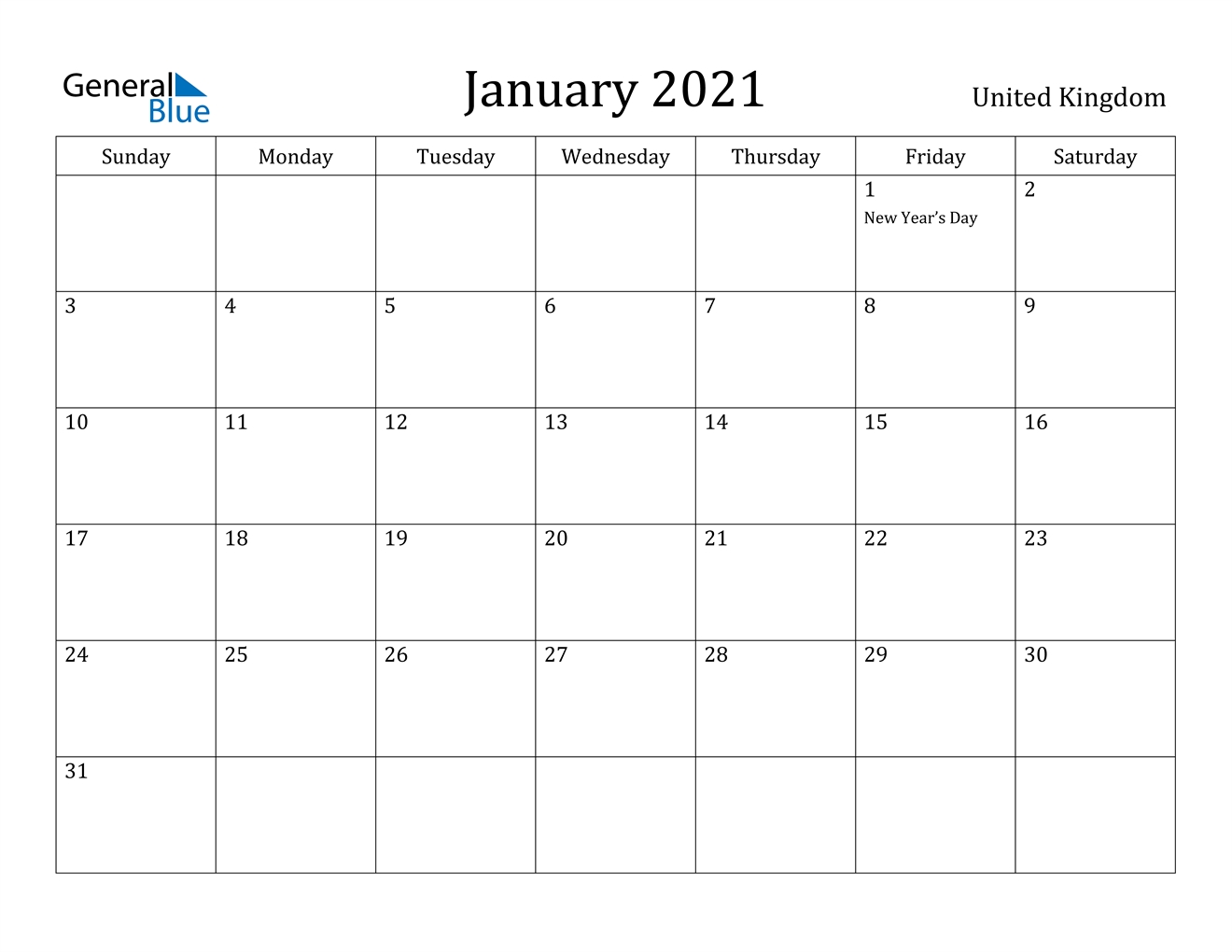 January 2021 Calendar - United Kingdom Free Uk Calendar Templates