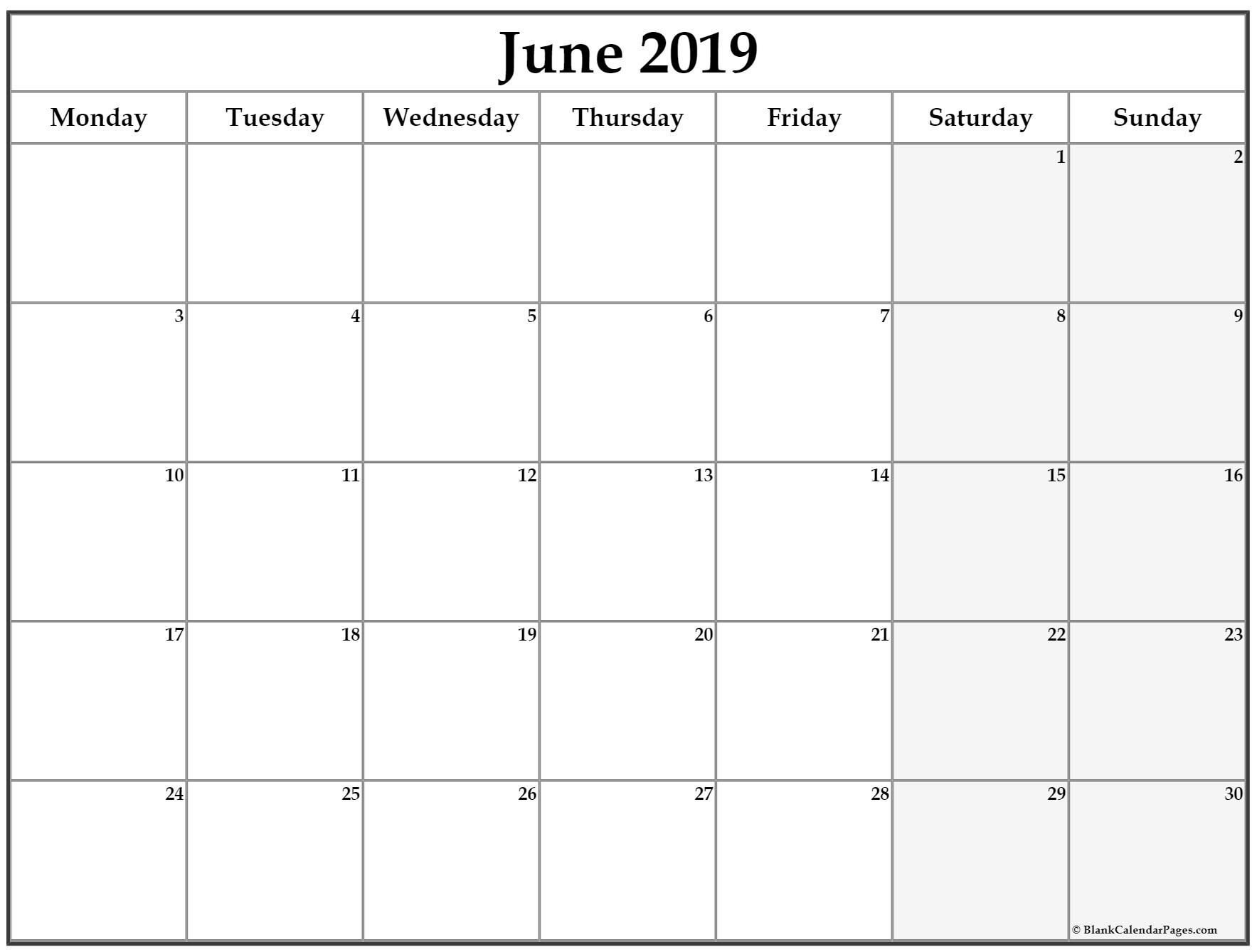 June 2019 Monday Calendar. Monday To Sunday | Calendar Calendar Template Monday Through Sunday