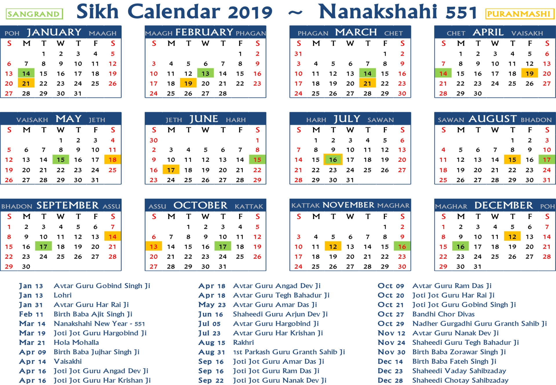 2021 Khalsa Hira Jantri Printable Blank Calendar Template Gambaran