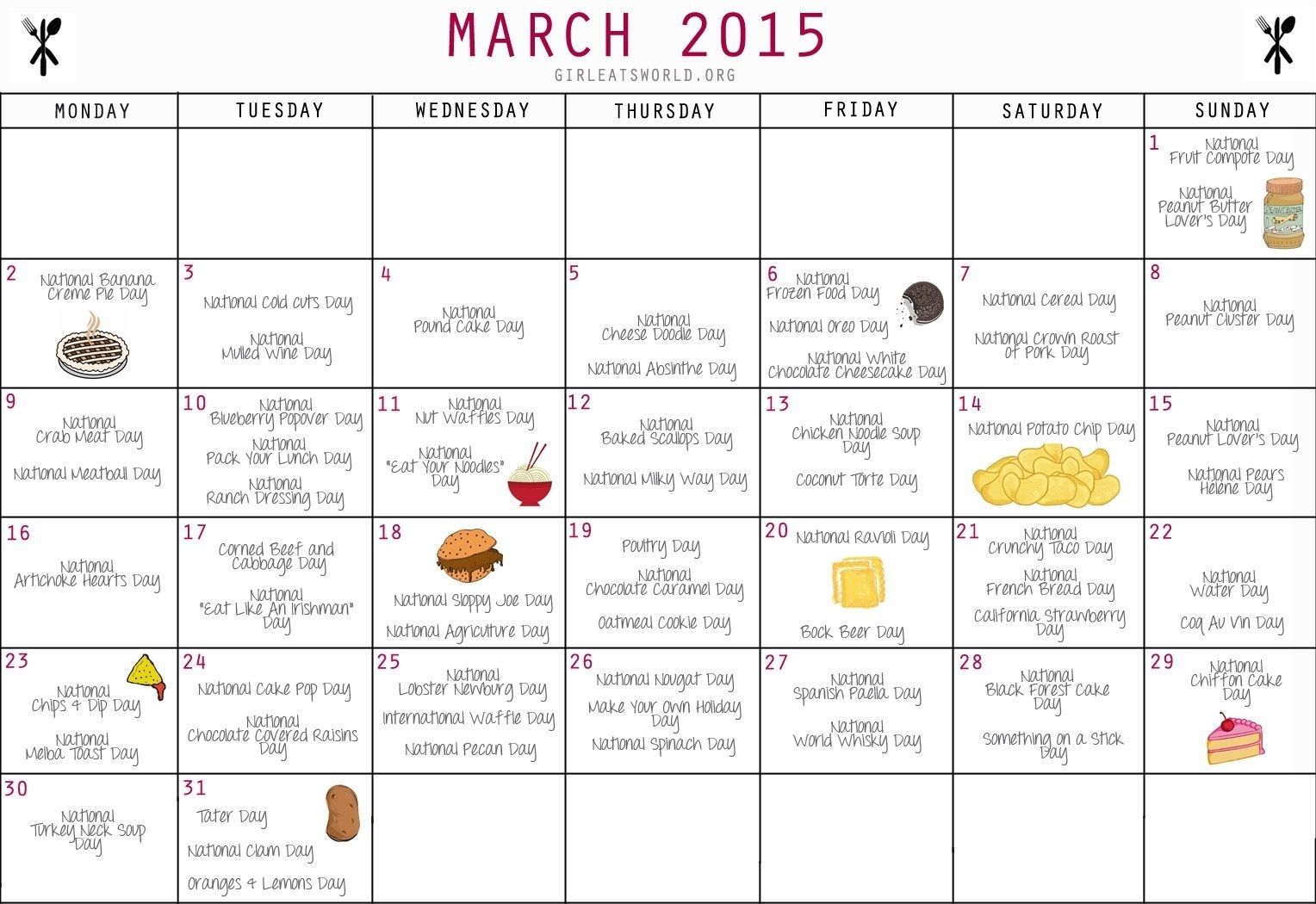 National Food Day Calendar Printable Printable Calendar 2018 National Food Calendar 2021