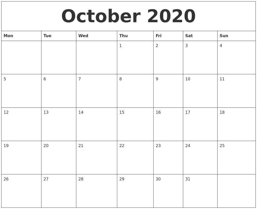 October 2020 Online Calendar Template Free Calendar Online Template