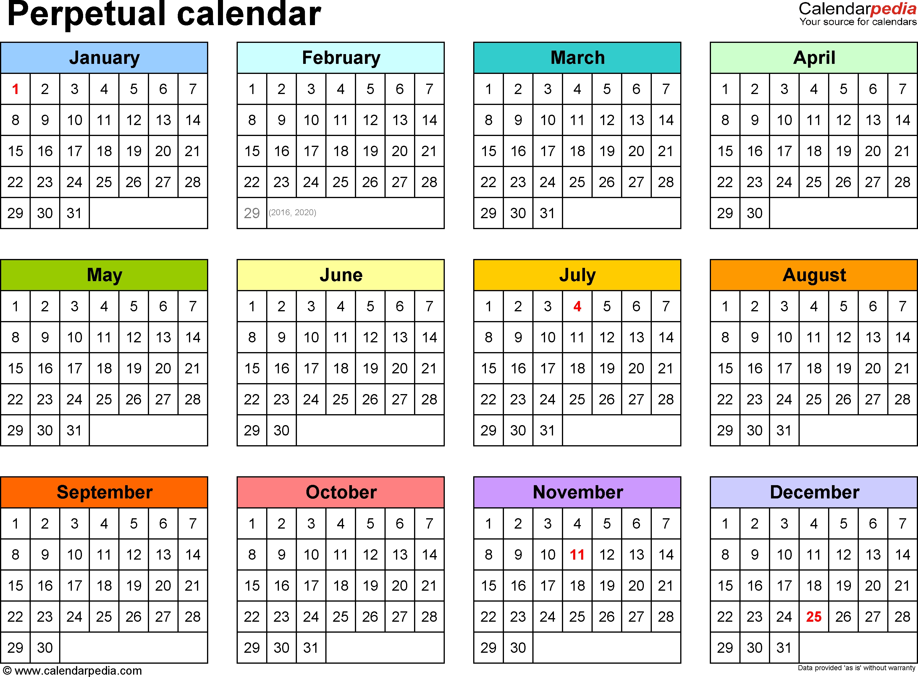Perpetual Calendars - 7 Free Printable Pdf Templates Free Printable Yearly Calendar Templates