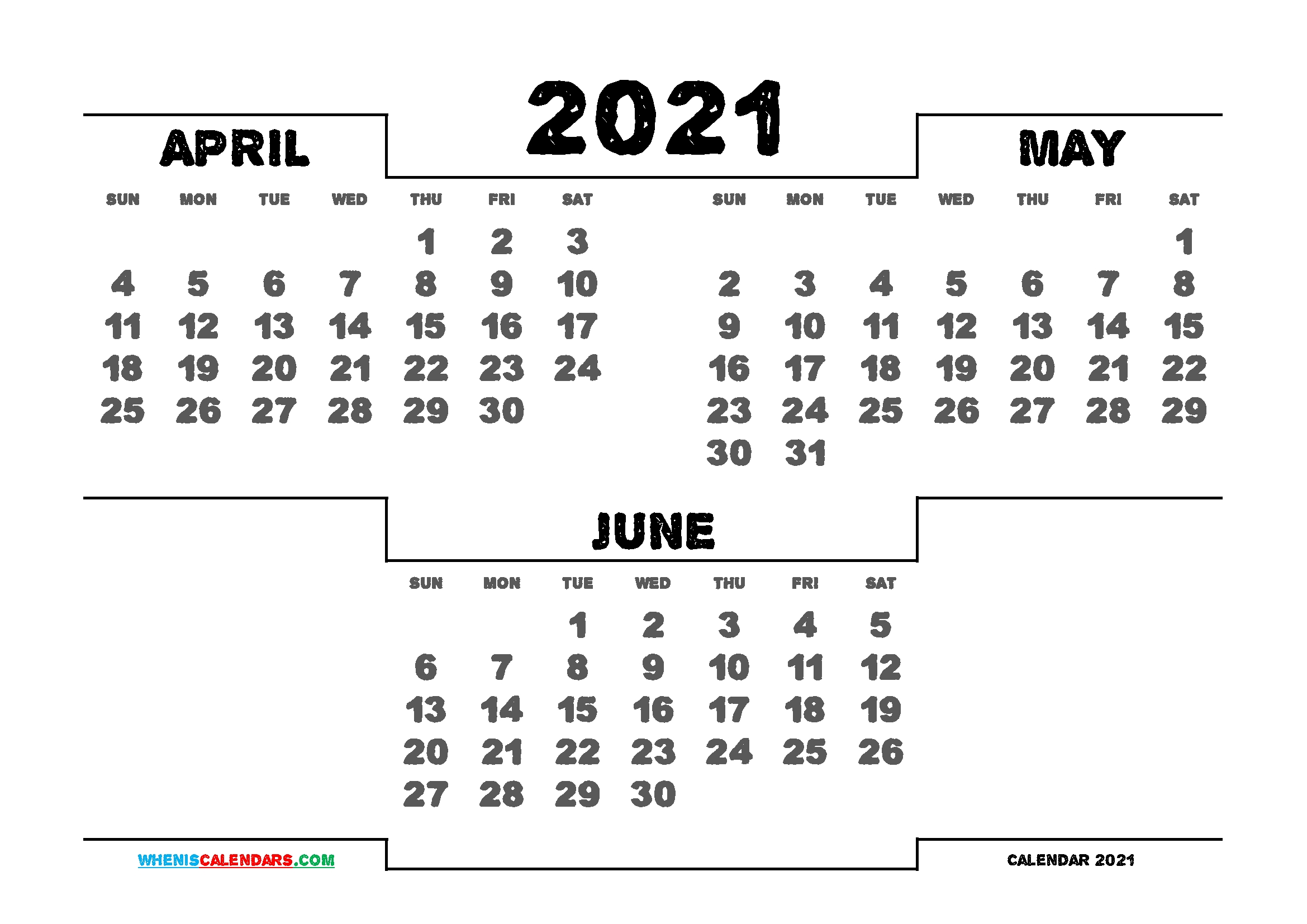 Printable April May June 2021 Calendar | 3 Month Calendar 3 Month Calendar 2021