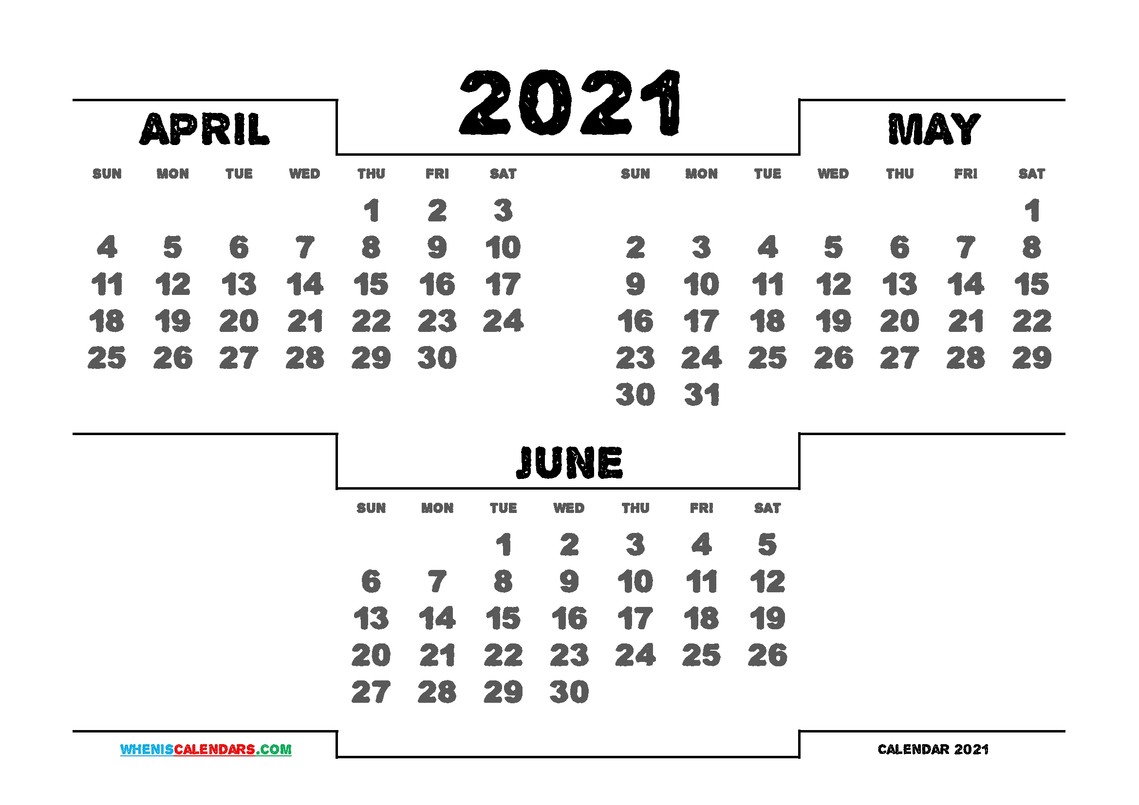 Printable April May June 2021 Calendar | 3 Month Calendar Printable 3 Month Calendar 2021 Free