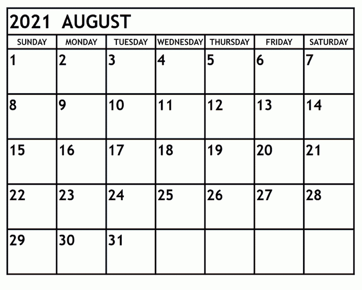 Printable Free Blank August 2021 Calendar Template [Pdf August 2021 Template Calendar