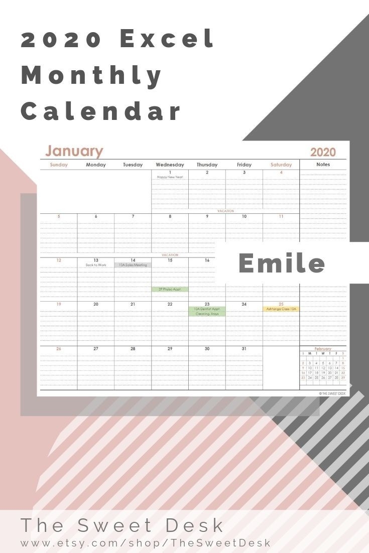 Printable Minimalist Calendar 2020 Excel Template Editable Print Ready Calendar Template