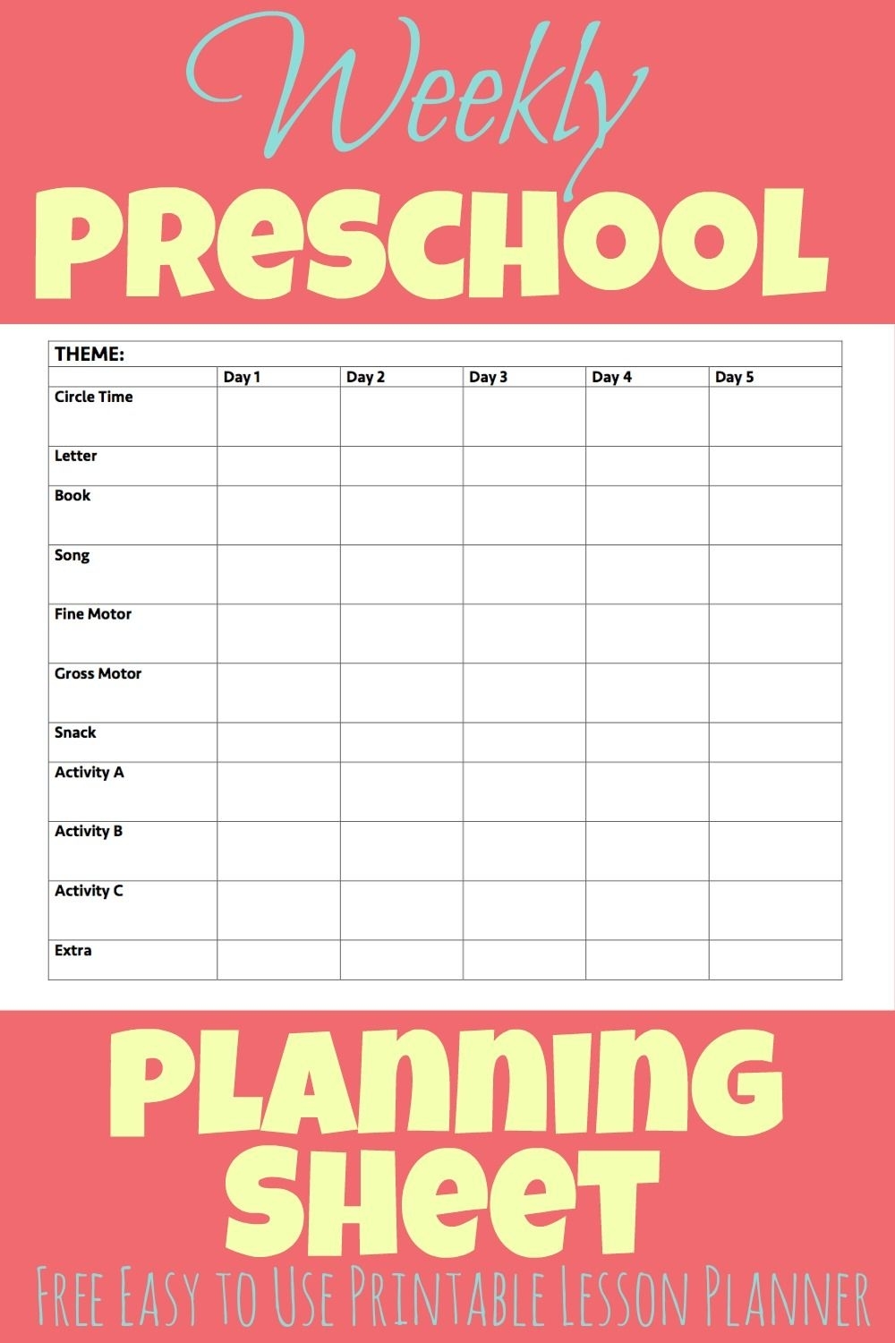 Printable Preschool Week Planning Sheet - More Excellent Me Free Pre K Calendar Template