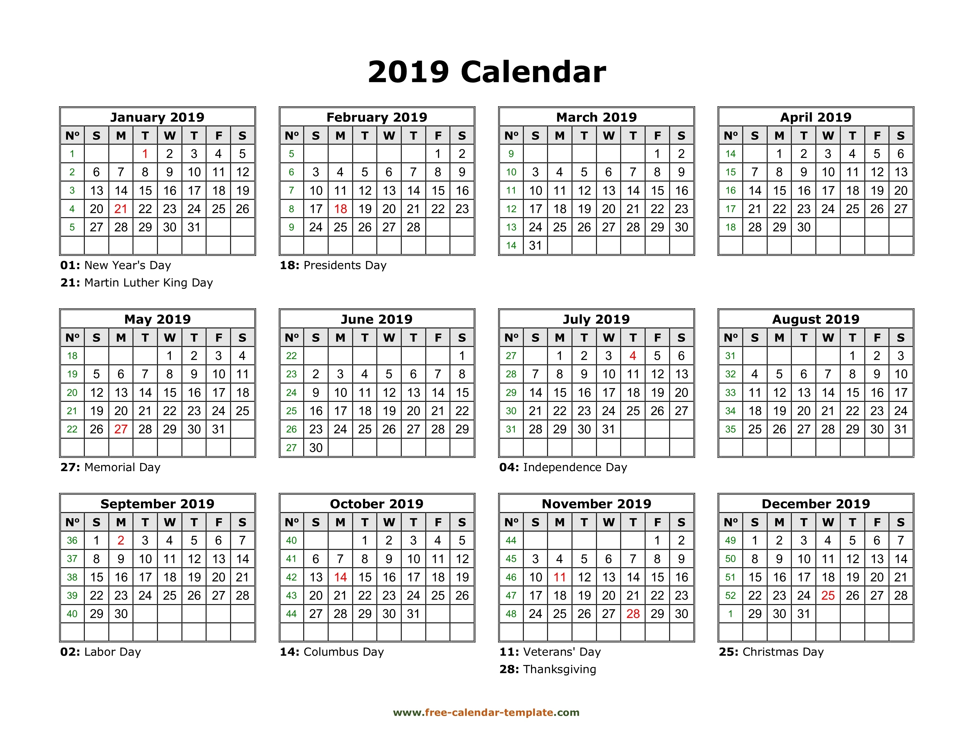 Printable Yearly Calendar 2019 | Free-Calendar-Template Free Printable Yearly Calendar Templates