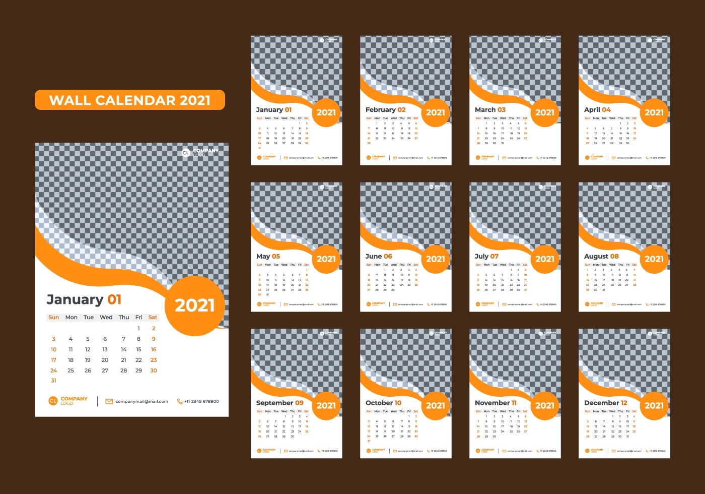 Set Of 12 Month 2021 Wall Calendar Templates - Download Free Free Calendar Template Vector