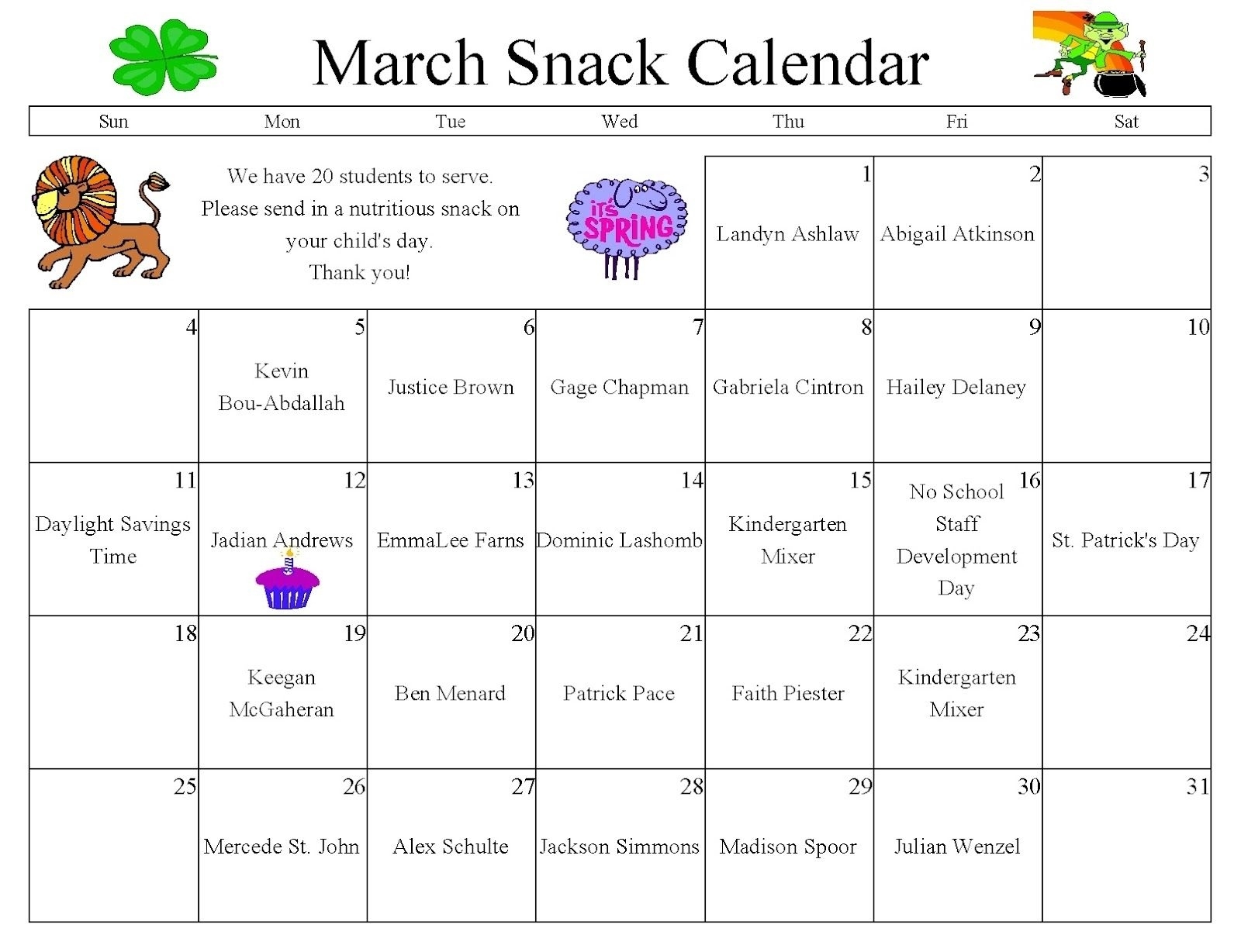 Snack Calendar Template Kindergarten Didi Relief Society Snack Calendar Template Kindergarten