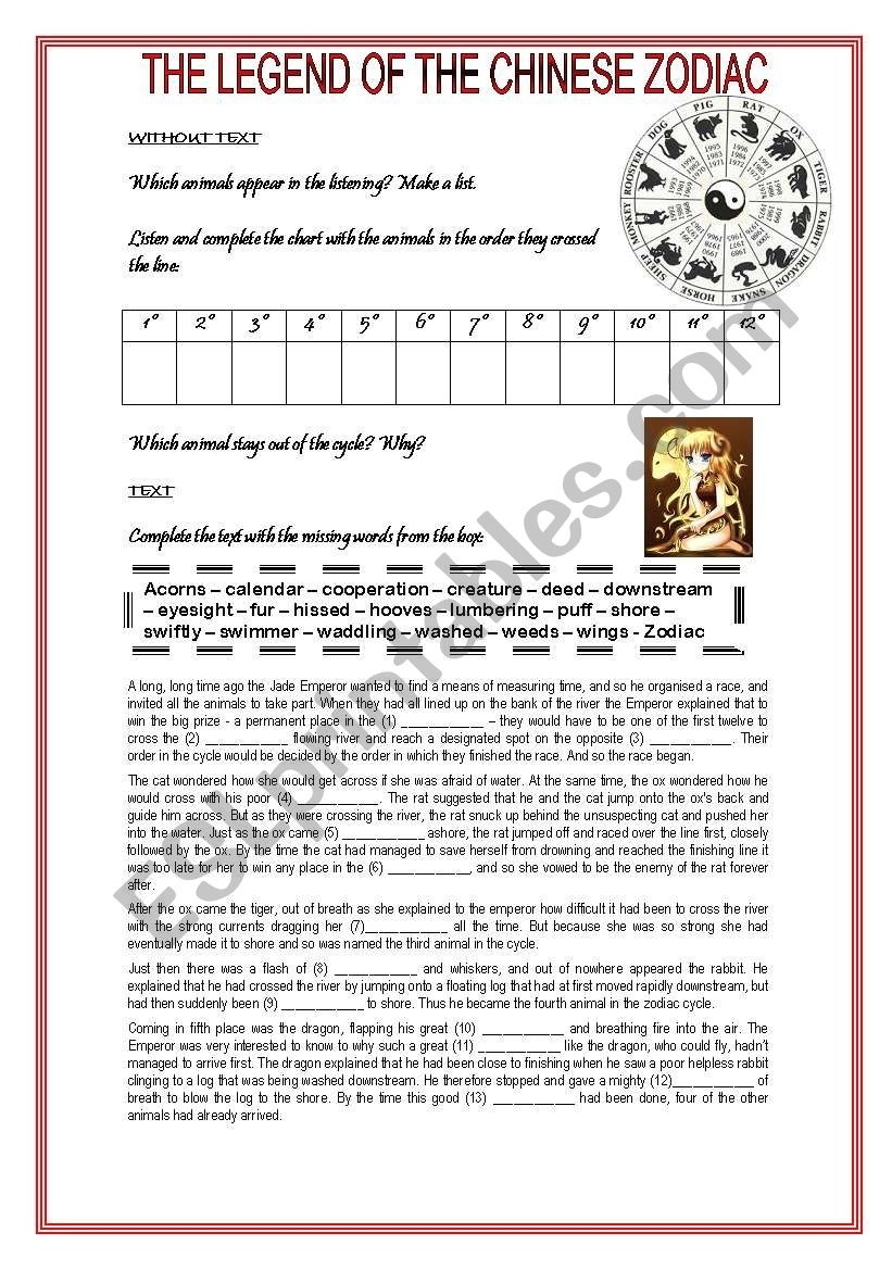 The Legend Of The Chinese Zodiac - Esl Worksheet By Saninfe Chinese Zodiac Calendar Worksheet