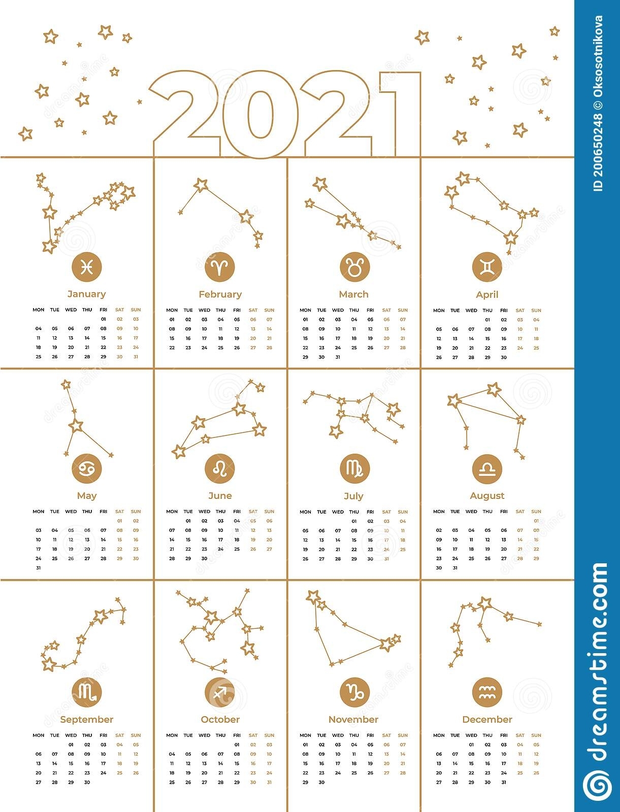 Vector Calendar 2021 A3 Template. Zodiac Signs New Calendar For Zodiac Signs