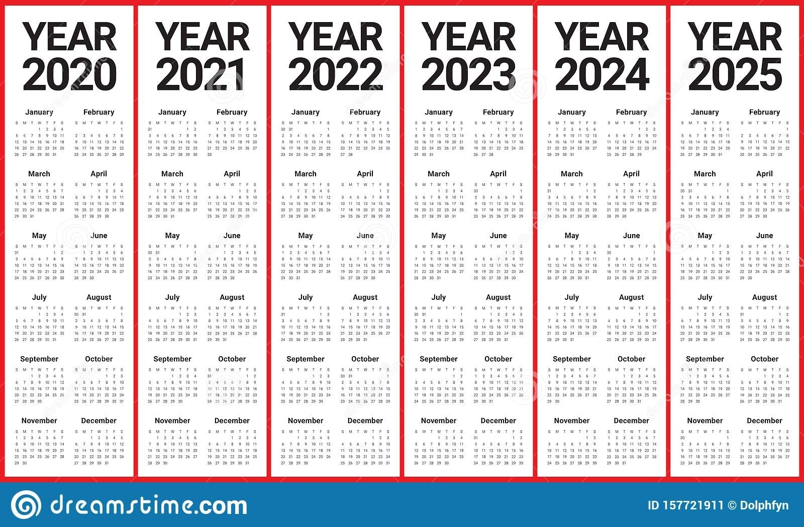 Year 2020 2021 2022 2023 2024 2025 Calendar Vector Design 5 Year Calendar Template