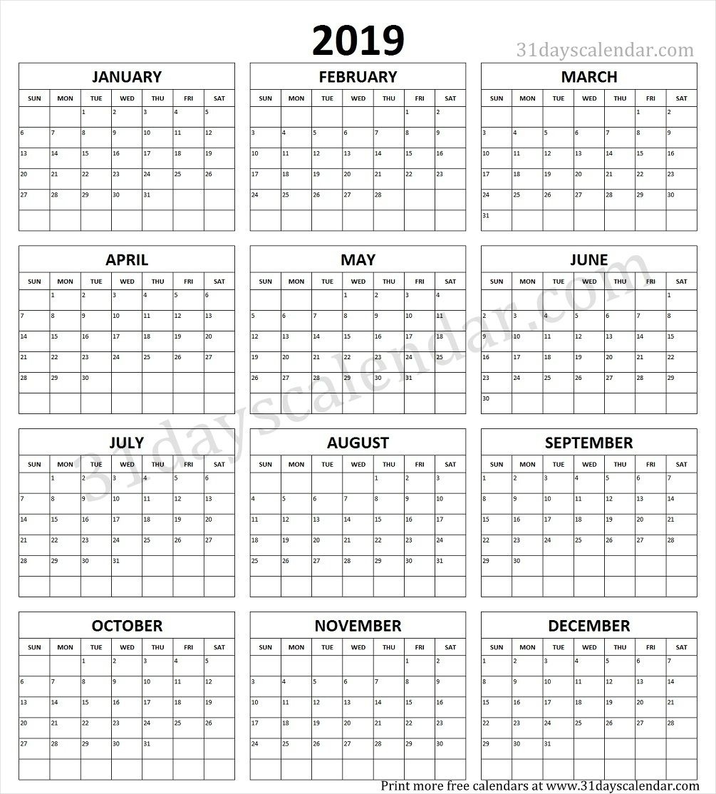 Year Calendar 2019 Printable One Page | Calendar 2019 Calendar Template Year On One Page