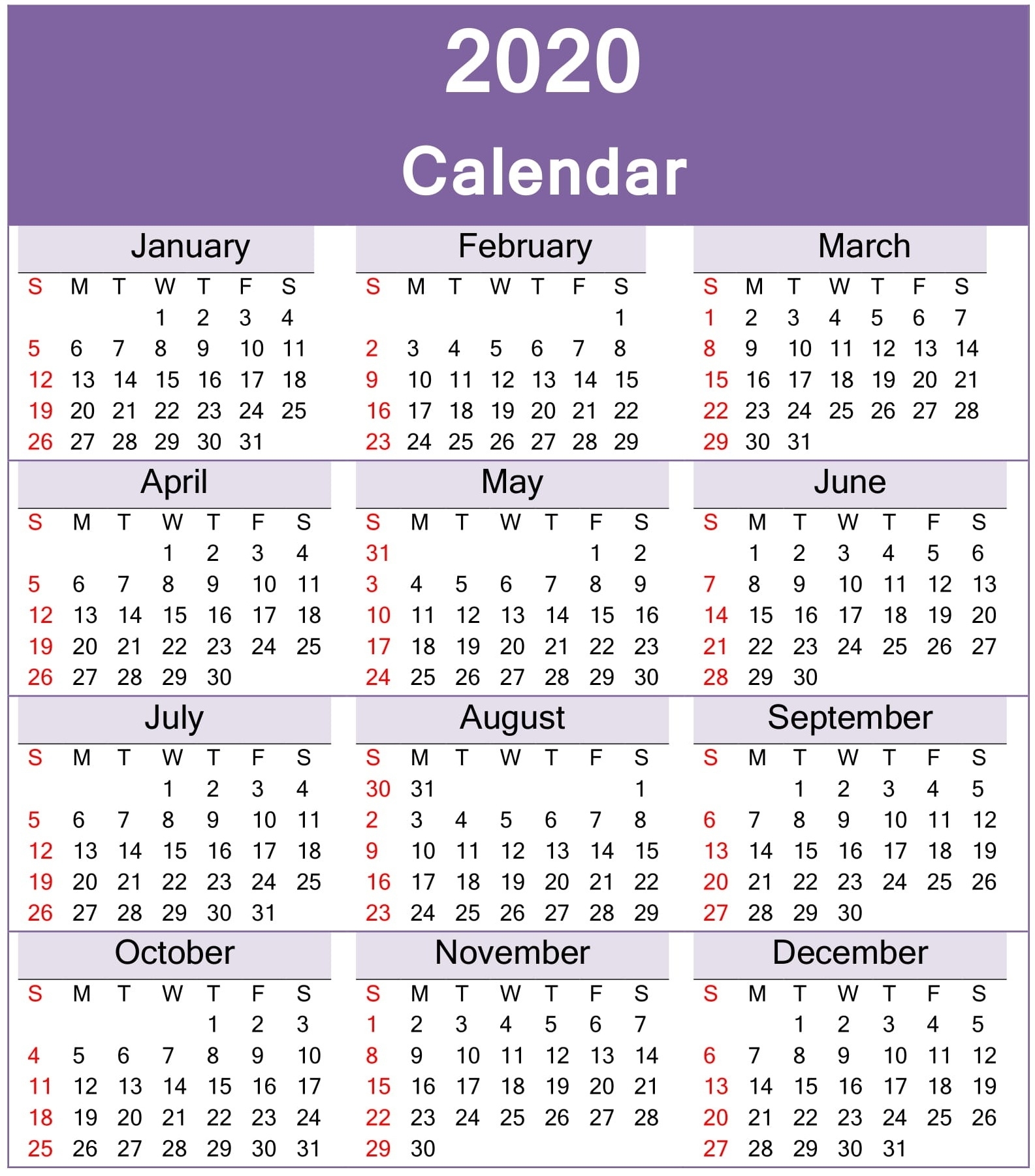 Yearly 2020 Calendar Printable Template Download Calendar Template One Page