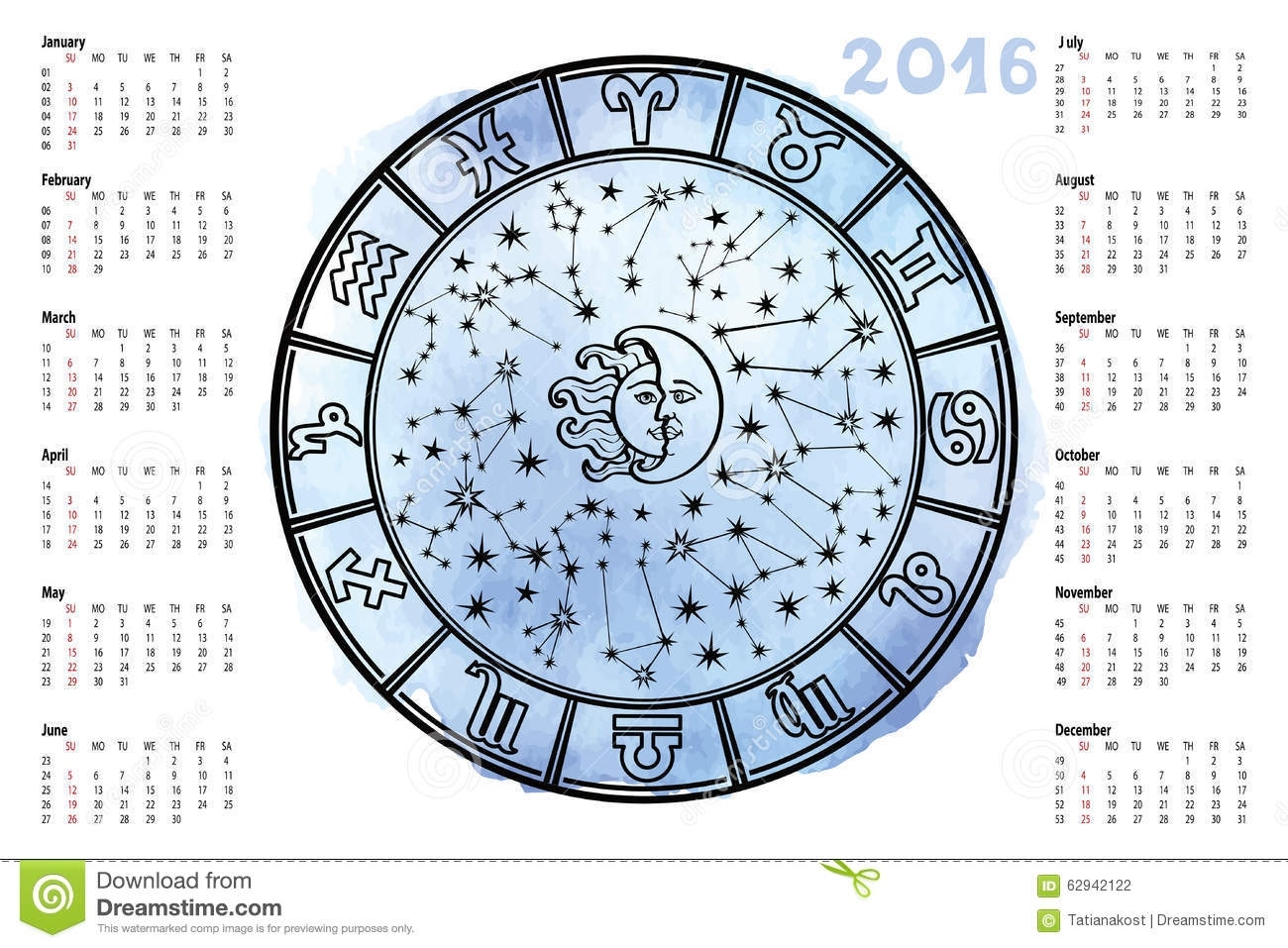 Zodiac Sign,Horoscope Circle.2016 Year Stock Vector Zodiac Calendar Moon Sign