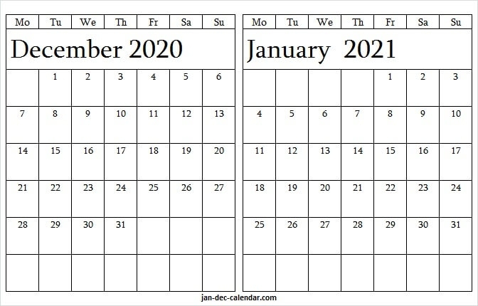 2020 December 2021 January Calendar Free - Printable Calendar 2020 Printable Calendar December 2020 January 2021