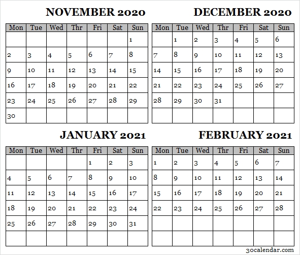 2020 November To 2021 February Printable Calendar - Pinterest November 2020 - February 2021 Calendar