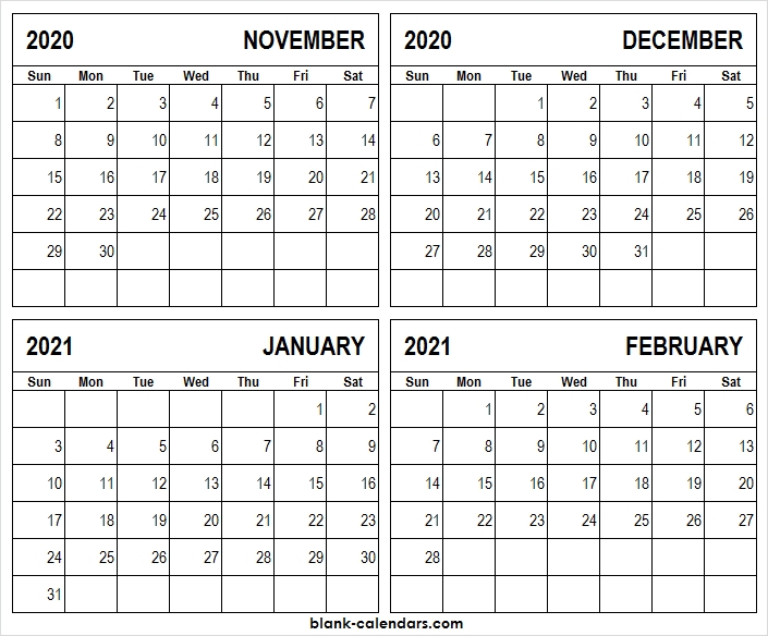 2020 November To 2021 February Printable Calendar - Pinterest | Printable Calendar, Yearly November 2020 - February 2021 Calendar