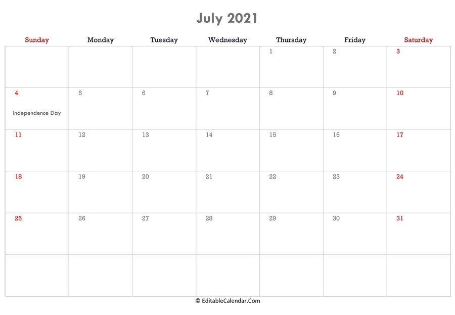 2021 July Calendar Editable | Free Printable Calendar Monthly July 2021 Calendar Editable