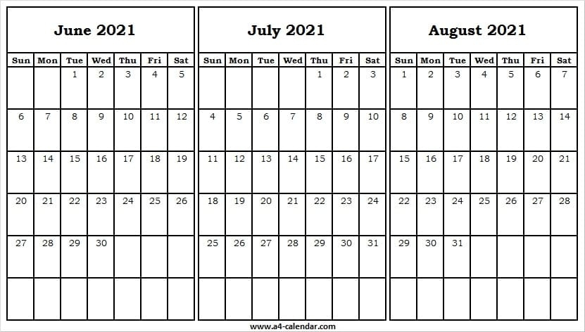 2021 June To August Calendar Vertical - A4 Calendar Calendar August 2020 To June 2021