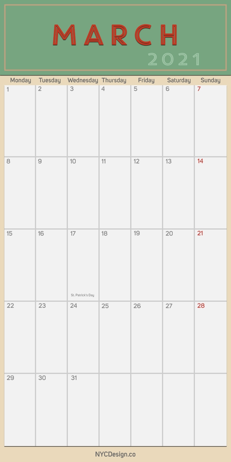 2021 March - Monthly Calendar With Holidays, Printable Free, Pdf - Monday Start - Nycdesign.co July 2021 Calendar Monday Start