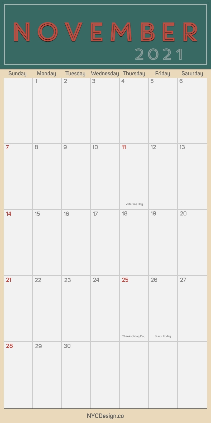 2021 November - Monthly Calendar With Holidays, Printable Free, Pdf - Sunday Start - Nycdesign November 2021 Calendar Holidays