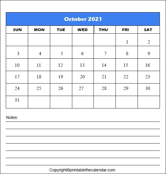 2021 October Blank Calendar With Notes | Printable The Calendar Blank October 2021 Calendar