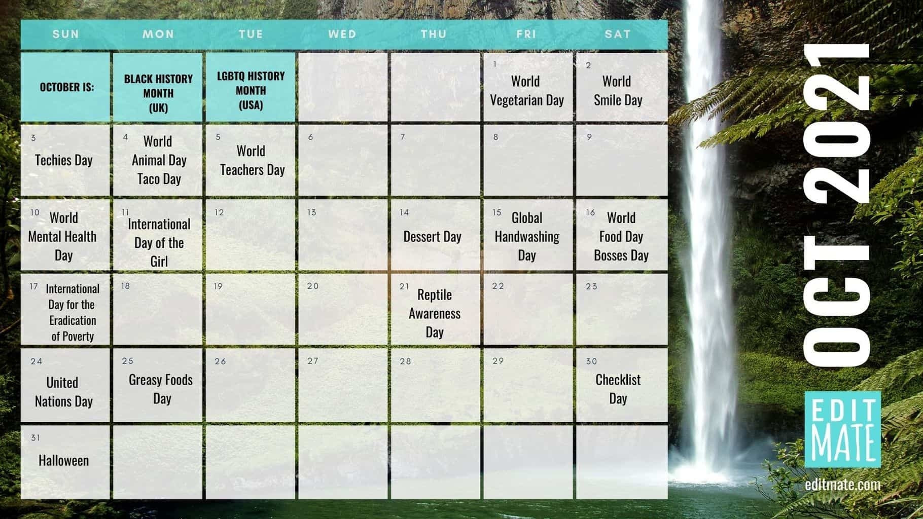 2021 Social Media Holiday Calendar | Editmate National Calendar October 2021