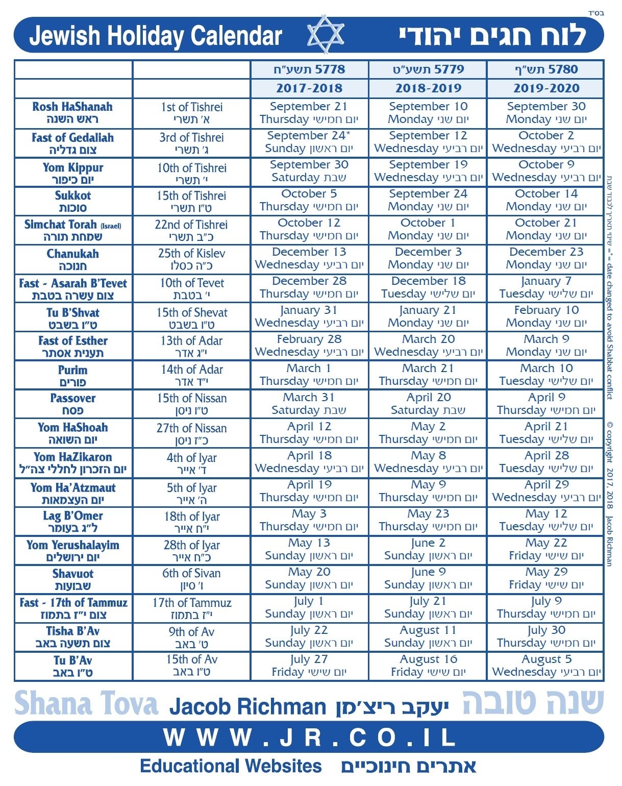 3 Year Jewish Holiday Calendar: 5778-5780 / 2017-2020 For Printable Pdf File Visit Http://Www Hebrew Calendar September 2021