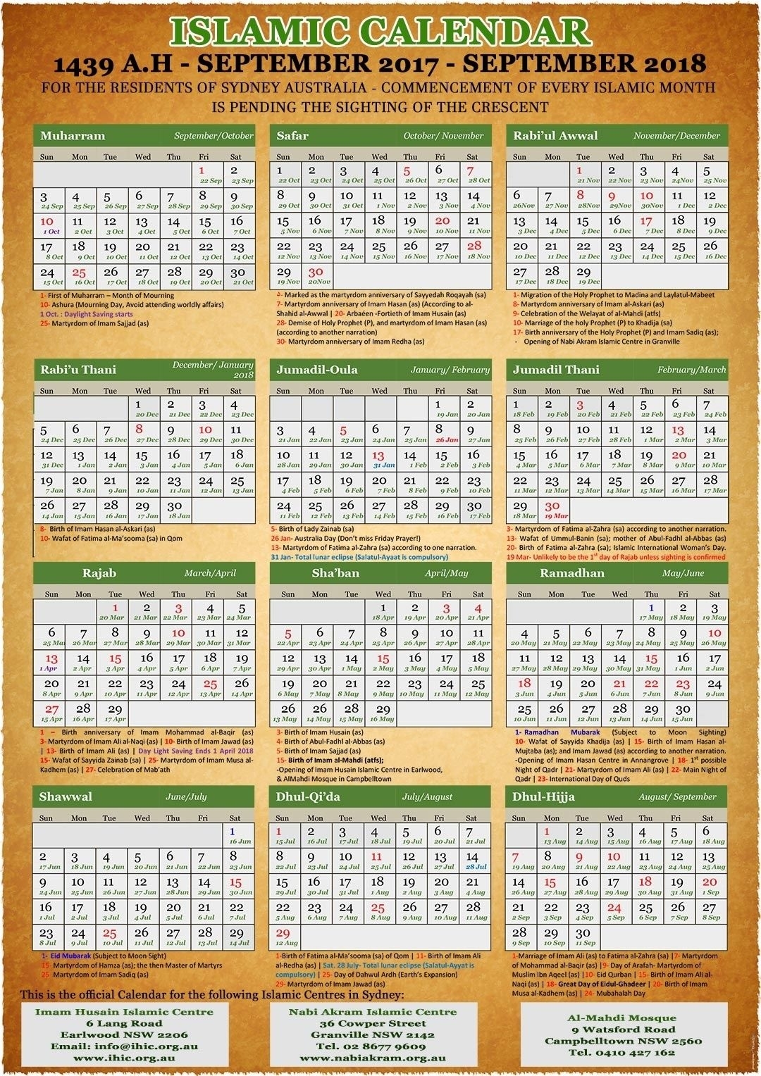 Annual Islamic Calendar 2018 (1439) - Imam Husain Islamic Centre Free | Hijri Calendar, Islamic 25 June 2021 Islamic Calendar