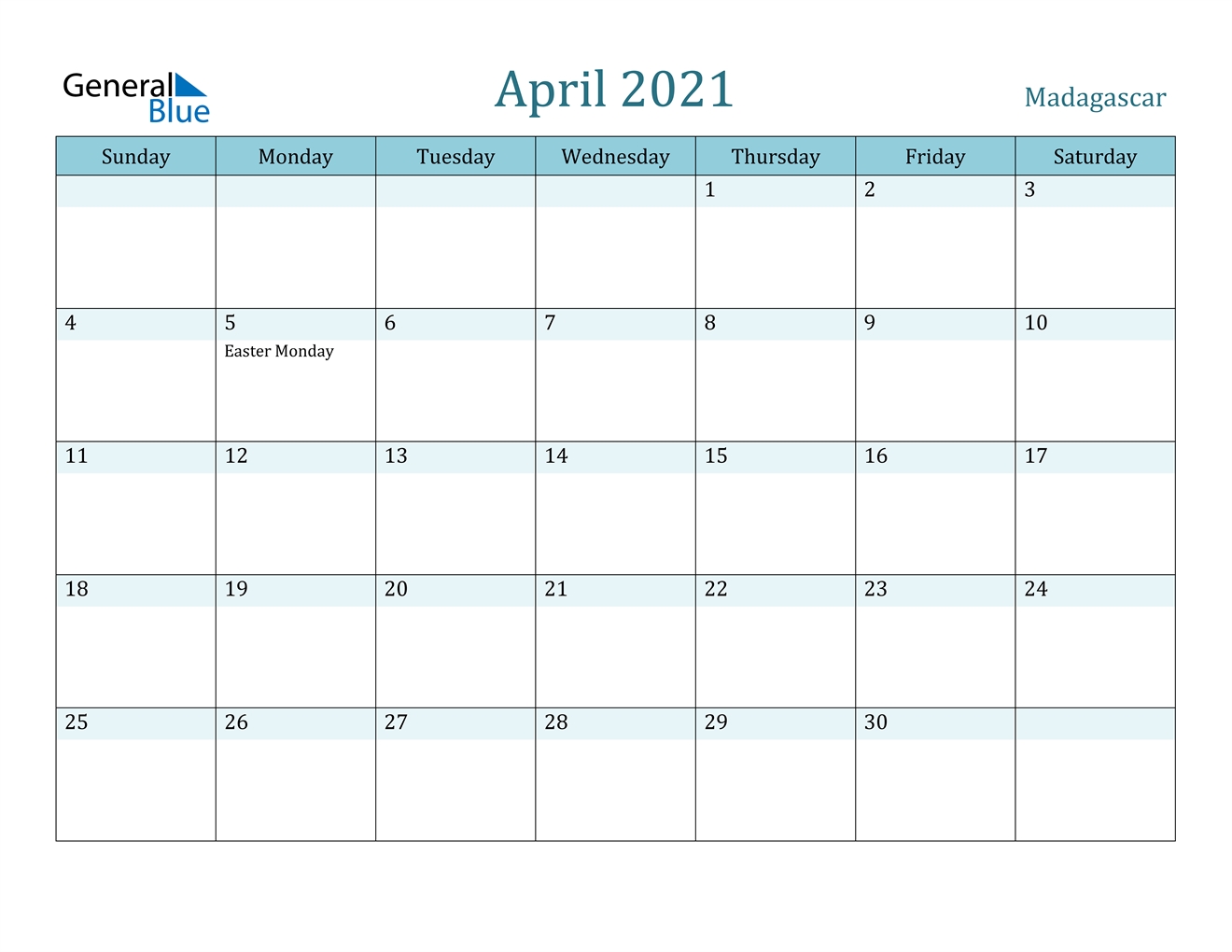 April 2021 Calendar - Madagascar April - June 2021 Calendar