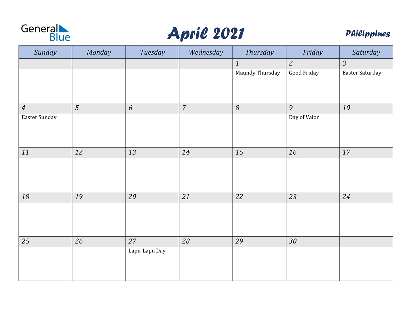 April 2021 Calendar - Philippines April - June 2021 Calendar
