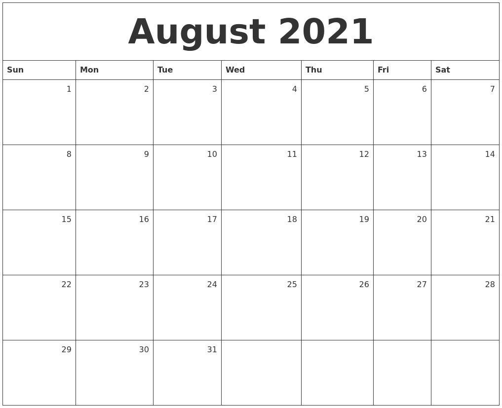 April 2021 Printable Calendar August 2021 Calendar Starting Monday
