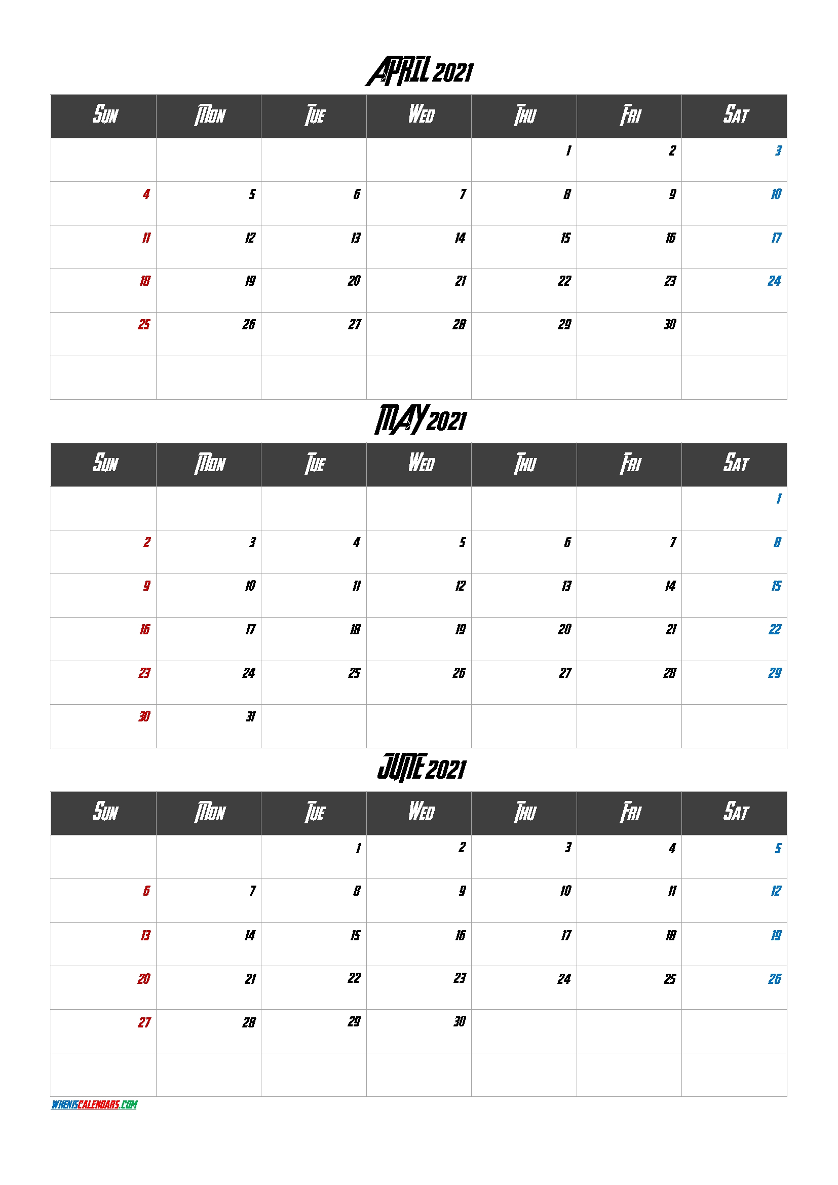 April May June 2021 Calendar Printable-Template Code.aven1 April Through June 2021 Calendar