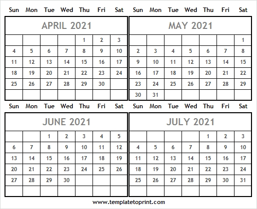 April To July 2021 Printable Calendar | Editable 2021 Calendar Fourth Of July 2021 Calendar