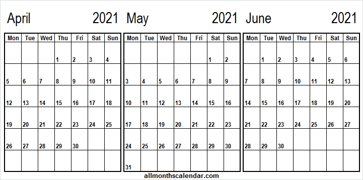 April To June 2021 Calendar - Printable Blank Monthly Template Free Blank April May June 2021 Calendar