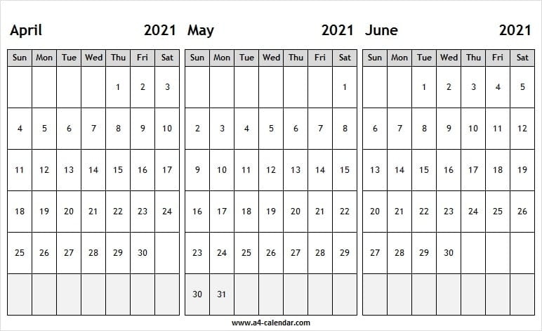 April To June 2021 Calendar Word - A4 Calendar April - June 2021 Calendar