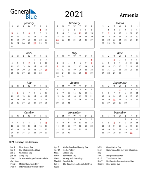 Armenian Calendar 2021 | Printable March General Blue October 2021 Calendar